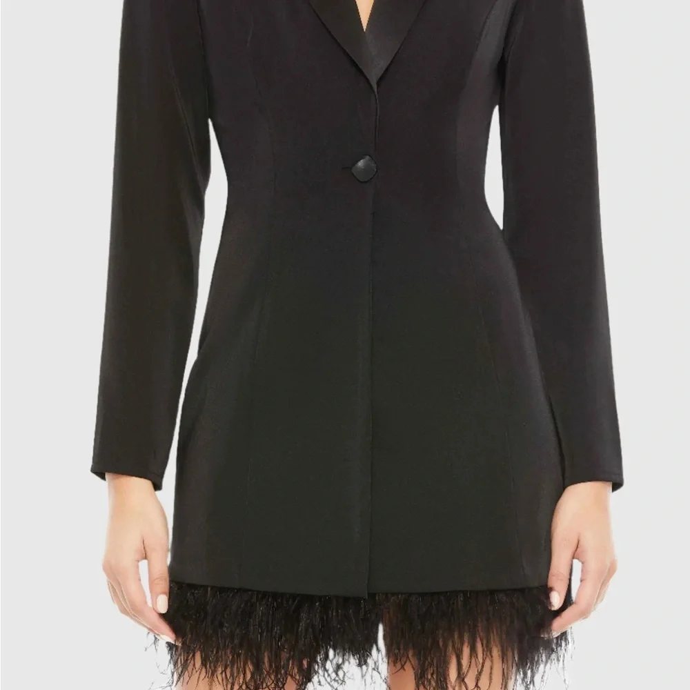 Mac Duggal Black Long Sleeve Tuxedo Dress with Feather Trim - Picture 2 of 3